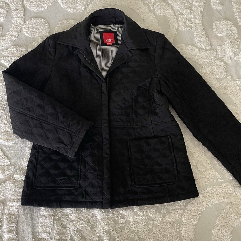 ESPRIT Jacket Sz L Black Womens Quilted With Chore Pockets Career Preppy EUC